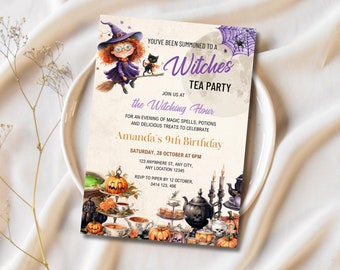 魔女のティーパーティー招待状、ハロウィンのティーパーティーの誕生日招待状、女の子のハロウィンパーティー招待状、ハロウィンの誕生日、編集可能なテンプレート