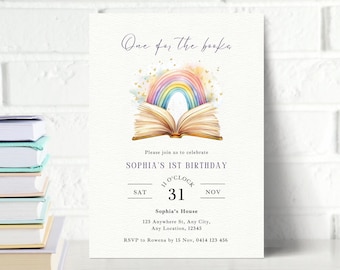 Rainbow Book Birthday Invite, Storybook Birthday Invitation, One For The Books, Chapter One Invite, Reading Books Invite, Editable Invite