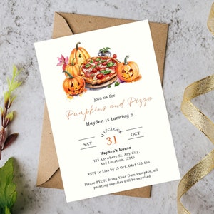 Pumpkin Pizza Birthday Party, Halloween Invite, Jack-O-Lantern Painting Party Invite, Pumpkin Carving Pizza Birthday Party, Editable Invite