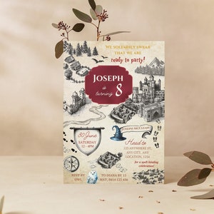 Puede incluir: Una invitación de fiesta con un diseño de mapa, con castillos, bosques y una brújula. La invitación es para el 8º cumpleaños de Joseph, con la fecha, la hora y los detalles del lugar. El texto dice "We solemnly swear that we are ready to party!"