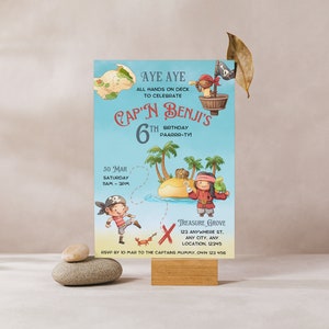Faire-part d'anniversaire pirate mignon, invitation à une fête pirate, chasse au trésor, Ahoy Mateys, tous les intervenants sur le pont, invitation modifiable, téléchargement immédiat