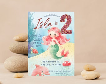 Cute Mermaid 2nd Birthday Invitation, Mermaid Scales, Under the Sea, Sea life and shells, Digital Editable Invite