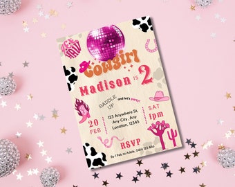 Pink Disco Cowgirl Birthday Party Invitation Template, Rodeo Birthday, Girl Birthday Party, Let's Go Girls, Cow Patterns, Editable Template