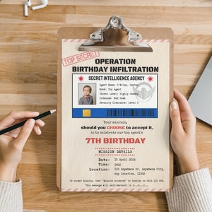 Classified Top Secret Spy Mission Birthday Invitation, Special Secret Agent Photo Invite, Detective Party invite Spy Theme Editable Template