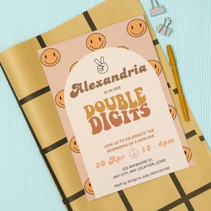 Double Digits Era Birthday Party Invitation, 10th Birthday Party Invitation, Smiley Face Birthday Invite, Editable Template Instant Download