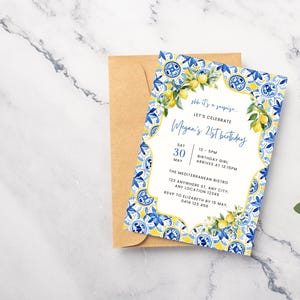 Lemon Blue Invitation, Italy Themed Birthday Invitations, Amalfi Coast Lemon Birthday Party Invite, Tuscany Invite, Italian Dinner Party