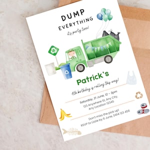 Brunette Garbage Man Trash Truck Party Invite, Dump Truck Invite, Dump Everything Invitation, Garbage Truck Theme, Printable Kids Invite