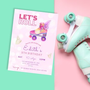 May include: Mint green roller skates with pink laces rest on a pink surface. A birthday invitation with the text "Let's Roll" and "Edith's 9th Birthday" is on the left. The invitation features a roller skate with butterfly wings.
