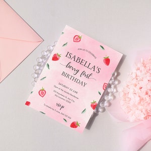 Beere erster Geburtstag einladen, rosa Beerenparty, Erdbeeren Einladung, rosa Beeren einladen, Beere süß einladen, digital bearbeitbare Vorlage