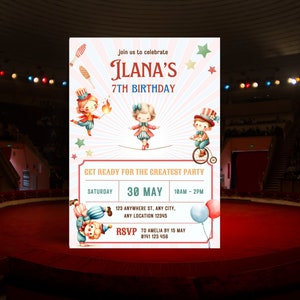Circus Themed Party, Acrobats Circus Party, Carnival Themed Birthday Invite, Circus Birthday Invitation, Editable Template, Circus Ticket