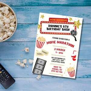 Kinderfilm-Nachtparty, Film-Marathon, Heimkino-Geburtstagseinladung, Popcorn-Einladung, jetzt angezeigt, bearbeitbare digitale Geburtstagseinladung
