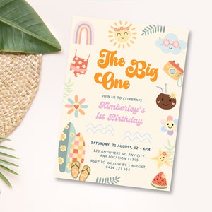 The Big One verjaardag surfen partij, 1e verjaardagsuitnodiging, retro jongen of meisje surf busje, surfplank Beach Party, bewerkbare Instant Download