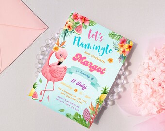 May include: A pink flamingo with a floral crown on a blue background with the text "Let's Flamingle and Celebrate Margot is turning 8 11 July 123 ANYWHERE ST, ANT CITY, ANY LOCATION 12345 RSVP TO MICHELLE BY 28 JULY, 0414 123 456".