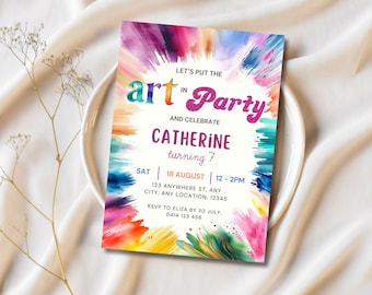 May include: Colorful invitation with a paint splatter design. The text reads "Let's put the art in party and celebrate Catherine turning 7. Sat 18 August 12-2pm 123 Anywhere St, Any City, Any Location, 12345 RSVP to Eliza by 30 July, 0414 123 456"
