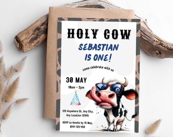 Holy Cow Soy una invitación de cumpleaños, 1er cumpleaños invitación, invitación de Holy Cow, invitación de vaca divertida, plantilla editable, cumpleaños temático de la granja