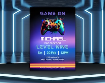 Inbjudan till spelfödelsedag, Game On, Level Up-födelsedag, inbjudan till pojke-gamer, inbjudan till tjej-gamer, spelfest, redigerbar mall
