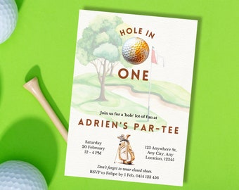 May include: A golf-themed party invitation featuring a watercolour illustration of a golf course and a golf ball. The invitation reads "Hole in One" and "Adrien's Par-Tee". The text includes the date, time, and location of the party.