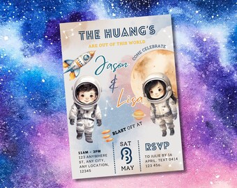 Invitación de cumpleaños de astronauta hermano, invitación a fiesta galaxia, invitación espacial hermano hermana, invitación al espacio exterior de fiesta de hermanos, plantilla editable