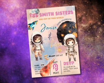Invitación de cumpleaños de astronauta hermano, invitación a fiesta galaxia, invitación espacial de hermanas, fiesta de hermanos, invitación al espacio exterior, plantilla editable