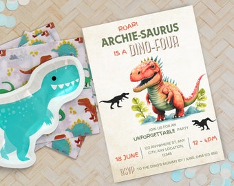 Dinosaur Fourth Birthday Invitation, Dino-Four Birthday Party Invite, 4th Birthday, Stomp Chomp Roar, Dino Party Invite Editable Template