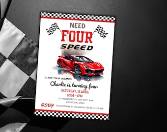 Need Four Speed Birthday Party Invitation, Need 4 Speed Invite, Red Sports Car Invite, Race Car Party, 4th Birthday Party, Editable Template