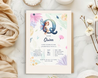 First Letter of Your Name Party Invitation, Fairy Birthday Party Invite, Alphabet Letter Party, Q is for Dressup Party, Editable Template