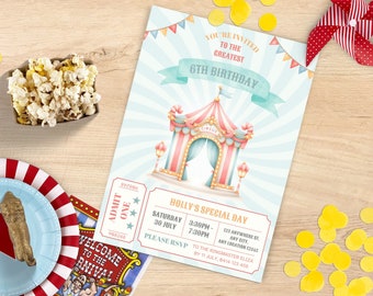 May include: A colorful invitation to a 6th birthday party with a circus theme. The invitation features a whimsical illustration of a striped tent with a blue and pink awning. The text on the invitation reads "You're invited to the greatest 6th birthday."