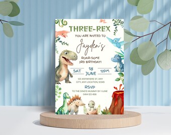 Three Rex Party, Boy Dinosaur Birthday Party, Dinosaur Three Rex Invitation, 3rd Birthday Boy, T-Rex Dino Party Invite, Editable Template