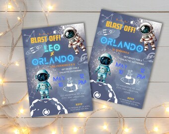 Puede incluir: Invitación de cumpleaños de temática espacial en azul y blanco con el texto "Blast Off! Leo x Orlando cumple 6" y un gráfico de cohete. La invitación incluye la fecha y la hora de la fiesta, "10 de mayo, 12 PM", y la ubicación, "123 Anywhere St. Any City, Any Location, 12345".