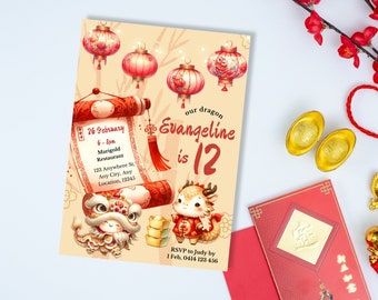 Year of the Dragon Birthday Invitation, 12th Birthday, Chinese Lunar New Year, Dragon Zodiac Invite, Dragon Girl Boy Editable Digital Invite