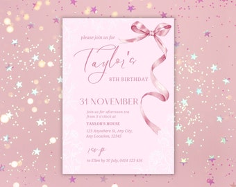 May include: Pink birthday invitation with a white lace pattern and a pink bow. The invitation says "Please join us for Taylor's 8th Birthday, 31 November, Join us for afternoon tea from 3 o'clock at Taylor's House, 123 Anywhere St. Any City, Any Location, 12345, RSVP to Ellen by 10 July, 0414 123 456".