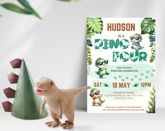 Cute Dinosaur Fourth Birthday Invitation, Dino-Four Birthday Party Invite, Roarsome Party, 4th Birthday Dinosaur Party, Editable Template
