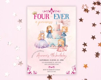 Four Ever a Princess Invitation, Princess Birthday Invitation, Magical Party Invite, Pink Princess Party, Castle Invite, Editable Template