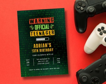 Warning Officially a Teenager, Gaming Teenager Birthday Invitation, Gamer Invite, 13th Birthday Invite, 13 Year Old, Teenage Boy Birthday