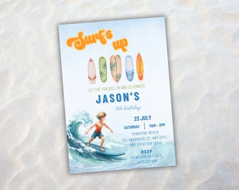 May include: A blue and white invitation with the text "Surf's Up" in orange and yellow. The invitation is for Jason's 9th birthday party. The party is on July 23rd from 11am to 3pm at Sunshine Beach. The invitation features a cartoon of a boy surfing on a wave.