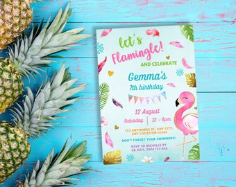 May include: A pink flamingo with a blue beak and pink feathers on a blue and green background with gold glitter. The text on the invitation reads "Let's Flamingle! And Celebrate Gemma's 7th Birthday. Saturday 12 August 12-4pm. 123 Anywhere St, Any City, Any Location 12345. Don't forget your swimmers! RSVP to Michelle by 28 July, 0414 123 456."