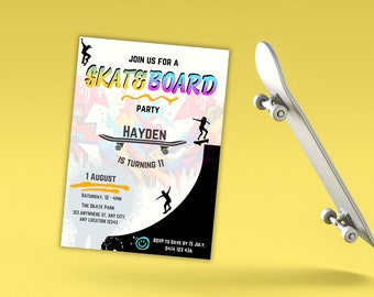 Könnte beinhalten: Eine farbenfrohe Einladung zu einer Skateboard-Party zum 11. Geburtstag von Hayden. Die Einladung zeigt eine Skateboard-Grafik und den Text "JOIN US FOR A SKATEBOARD PARTY HAYDEN IS TURNING 11 1 AUGUST SATURDAY, 12-4PM THE SKATE PARK 123 ANYWVERE ST, ANY CITY, ANY LOCATION 12345 RSVP TO DAVE BY 15 JULY, 0414 123 456"