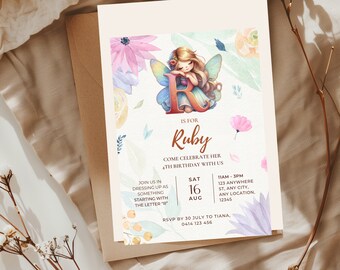 First Letter of Your Name Party Invitation, Fairy Birthday Party Invite, Alphabet Letter Party, R is for Dressup Party, Editable Template