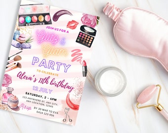Makeup Birthday Party Invitation, Glitz and Glam, Little Miss Threenager, Spa Glamour Birthday Invitation, Pamper Party, Editable Invite