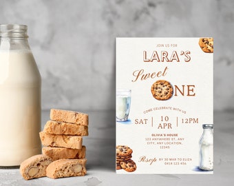 May include: A white invitation card with brown text that reads "Join us for Lara's Sweet One. Come celebrate with us Sat Apr 10 12pm. Olivia's House 123 Anywhere St, Any City, Any Location, 12345. Rsep By 30 Mar to Eliza 0414 123 456". The card features watercolor illustrations of cookies, milk bottles, and a glass of milk.