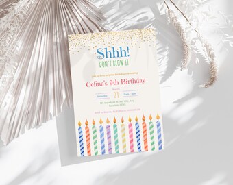 Colorful Striped Candles Birthday Invite, Editable Party Template, Gold Confetti Surprise Invitation, Kids Birthday Celebration