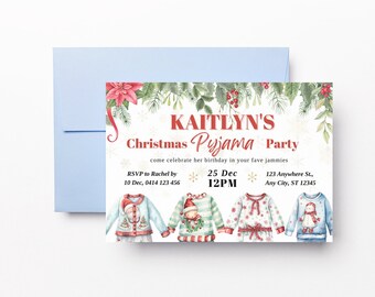 Christmas Pyjama Birthday Party Invitation, Digital Invite, Xmas PJs Slumber Party, Xmas Pajamas, Festive Season Invite, Tis the Season