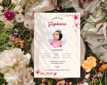 Kids Floral Birthday Invite, Editable Floral Birthday Invitation, Pink Daisy Birthday Party, Girls Party Invite, Pink 1st Birthday Party