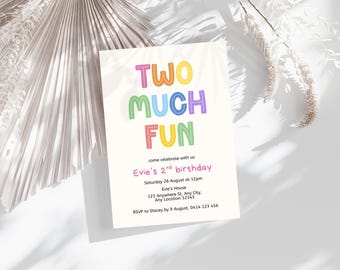 Cute Two Much Fun, Ready Two Party Invite, Second Birthday Invite, Colorful 2nd Birthday Party Invite, Editable Boy Girl Birthday Invitation