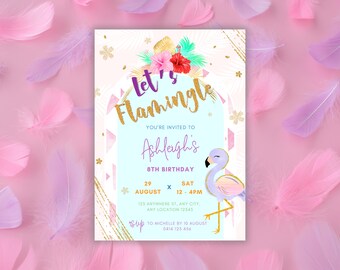 Let's Flamingle, Flamingo Birthday Party, Pastel Party Invite, Girl Birthday Party, Beach Party, Summer Pool Invitation, Editable Template
