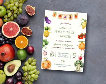 First Year of Growth Birthday Invitation, Cute Fruit Veggies Party Invite, Farmers Market Birthday Party, Market Banner, Editable Template