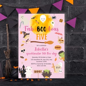 May include: A pink Halloween party invitation with the text "Fab-BOO-lous FIVE" and "Isbella's spooktacular 5th Boo-day". The invitation features cartoon illustrations of a witch, ghost, and other Halloween-themed elements. Orange, black, and purple triangle bunting is in the background.