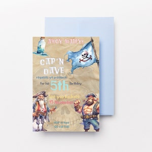 Invitación de cumpleaños de Ahoy Mateys Pirate Skulls, invitación de cumpleaños pirata editable