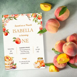 Sweet as a Peach, Peach First Birthday Invitation, Our Little Peach Birthday, One Sweet Peach, Peach Theme Invitation, Editable Template