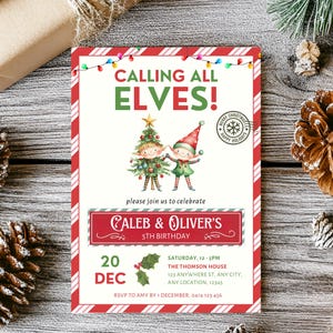 Elf Birthday Invitation, Siblings Elf Party Invitations, Holiday Party, Editable Digital Download Kids Holiday Celebration, Instant Download